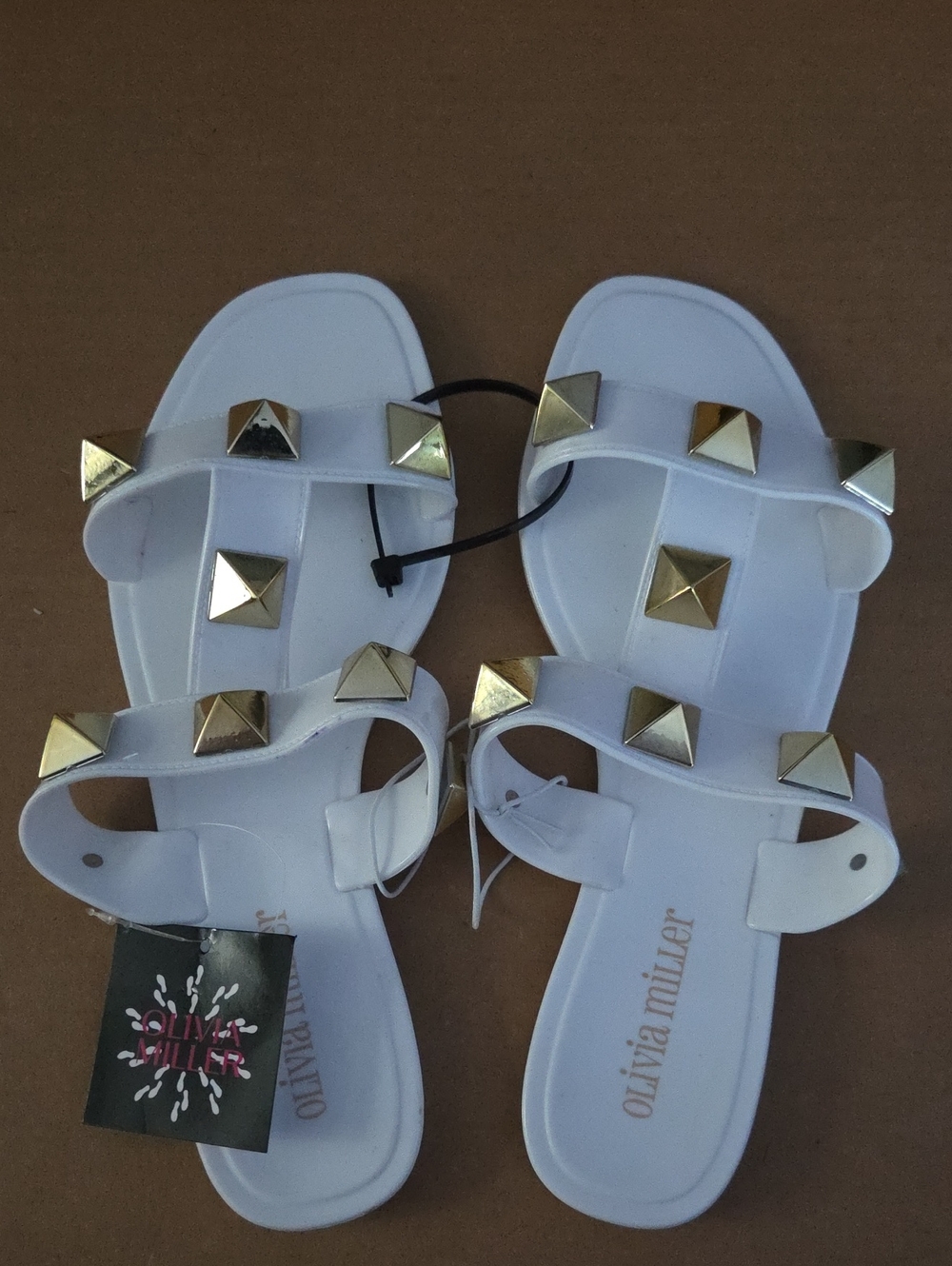 Olivia Miller White Slide Sandals with Gold Pyramid Studs